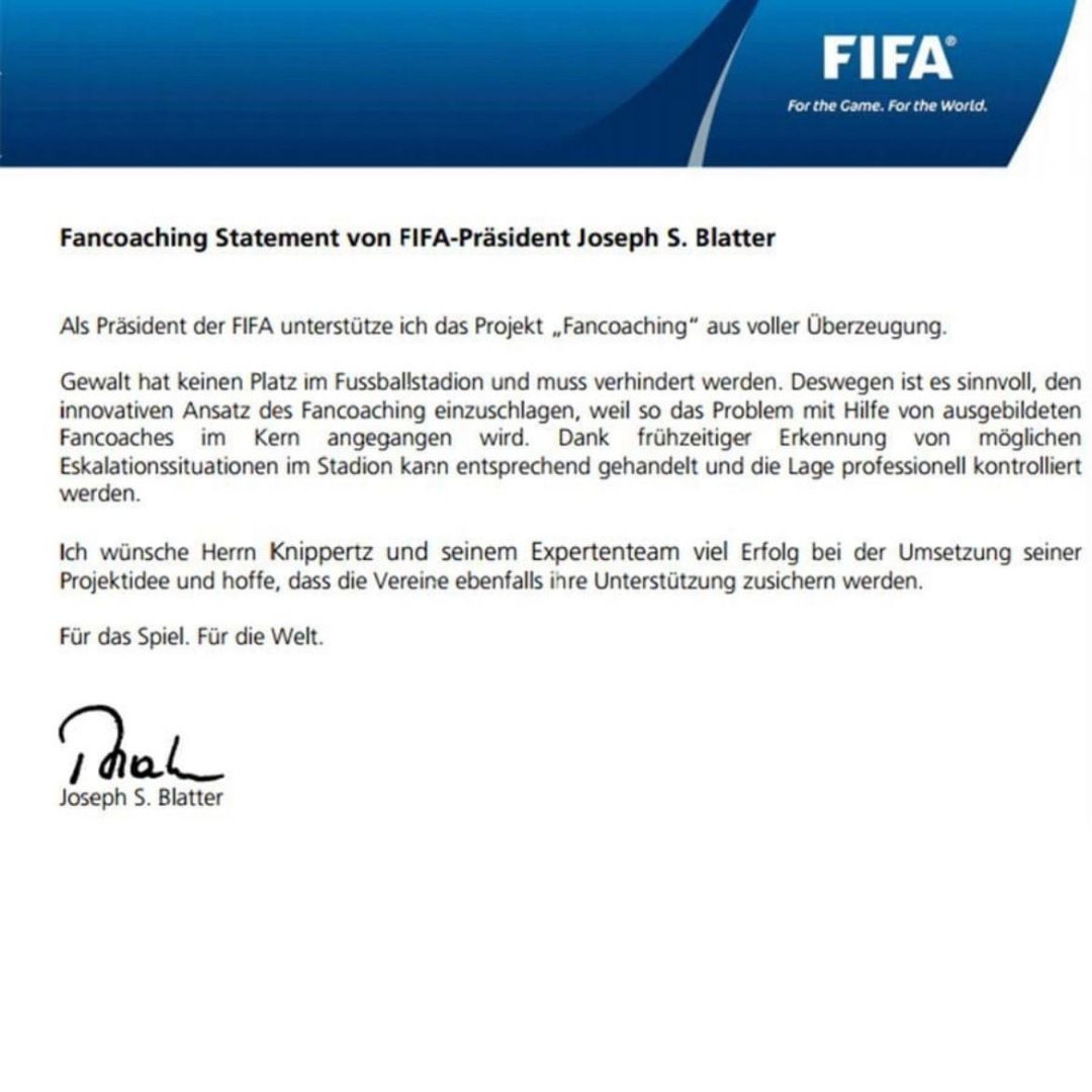 FIFA Präsident Blatter unterstützt das deutsche Fancoaching von Steffen Knippertz